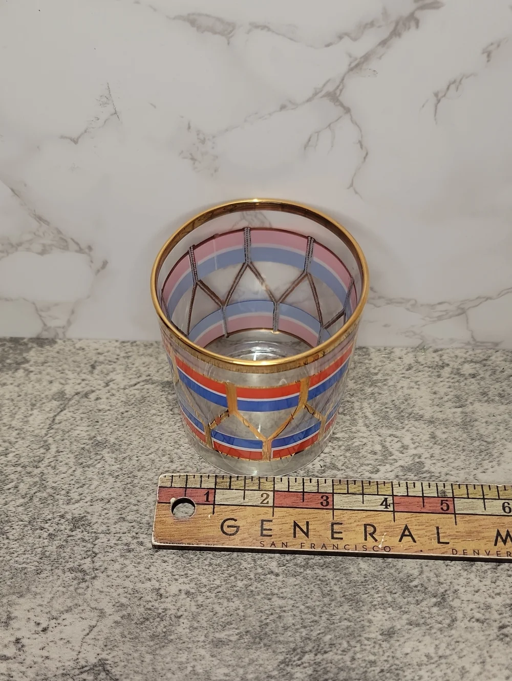 Vintage Fabrico Red and Blue Gold Rim Rocks Glasses Set of Four